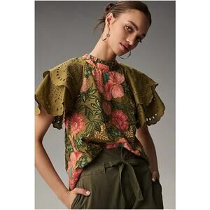 New Farm Rio Floral Eyelet Blouse Womens Medium Green Floral Boho Cottagecore